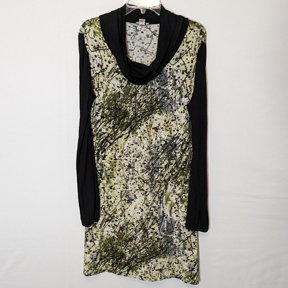 WOMEN'S "ISLE" Black & Green "Paint Spatter Look" Cowl Neck, Knit Dress; Size M